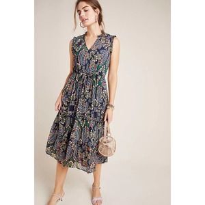 Anthropologie Metallic Paisley Printed Sleeveless Ruffle Midi Dress Size 6